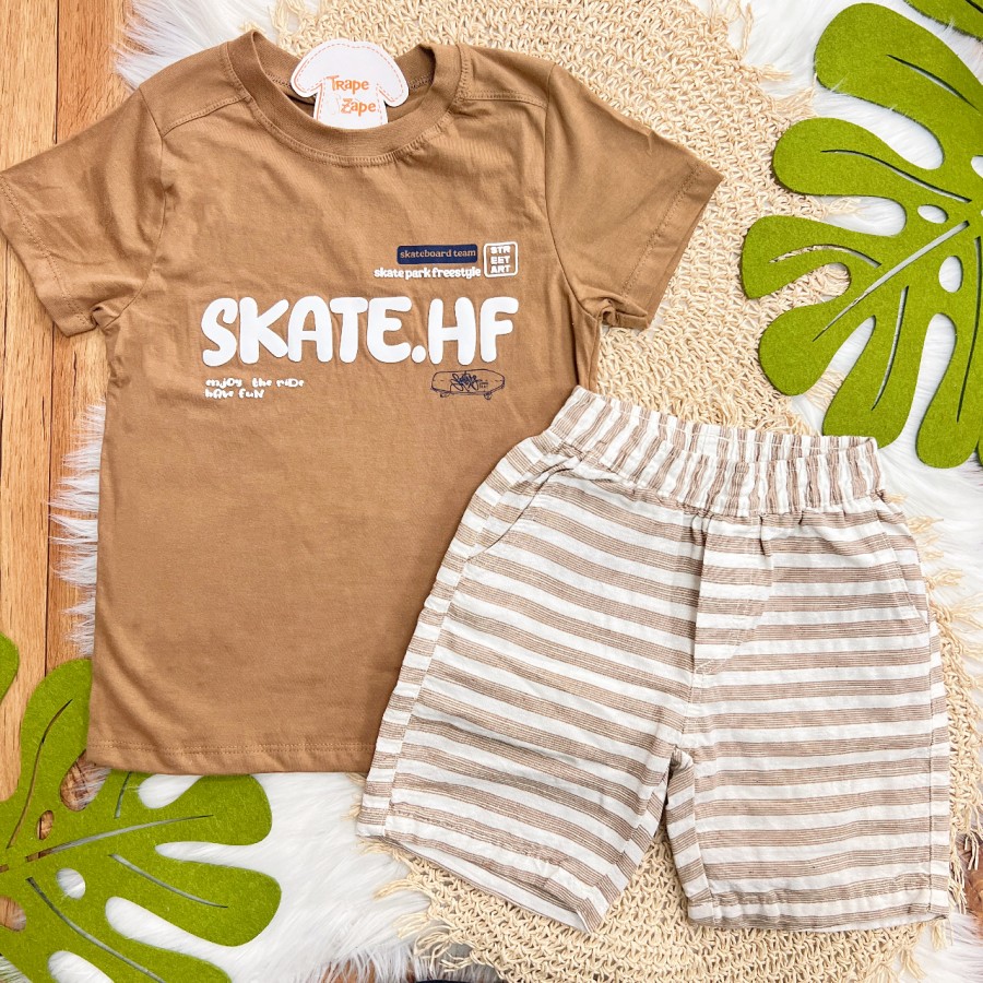 Conj. Camiseta Skate.HF e Bermuda Listrada - Marrom e Areia